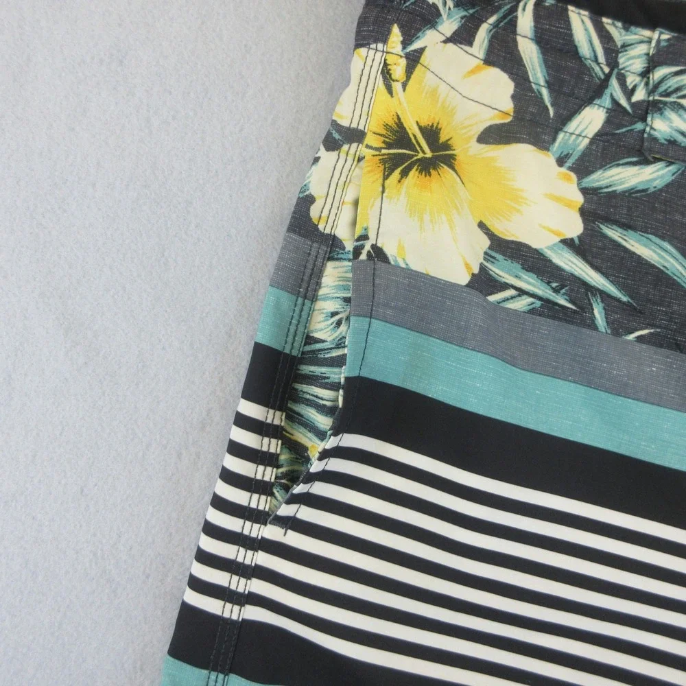 Palmwave Board Shorts Men 32 Gray‎ Teal Floral Striped Pockets Stretch Surf Swim
